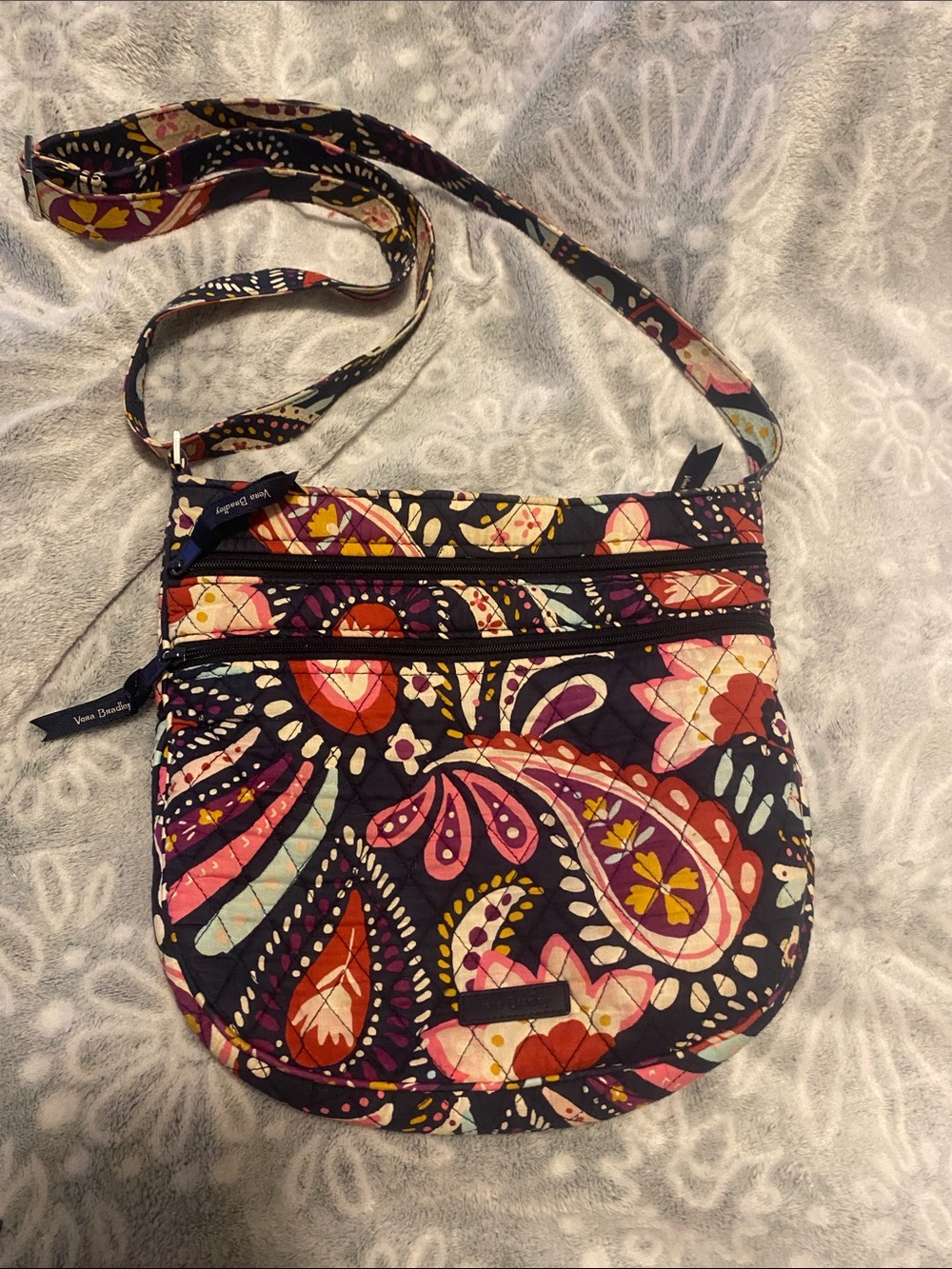 Vera Bradley Navy Paisley Quilted Crossbody with Pink and Red Accents